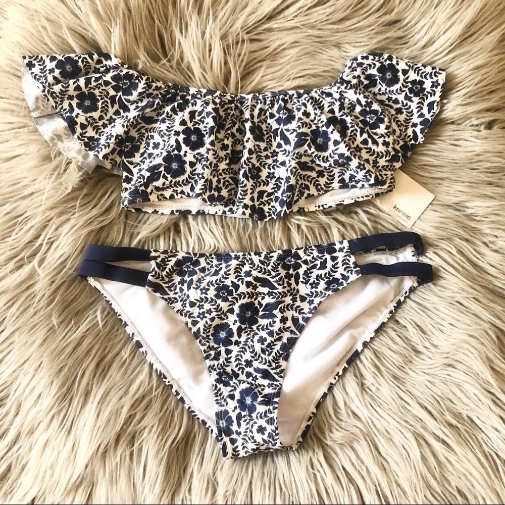 NWT kensie off shoulder floral bikini blue